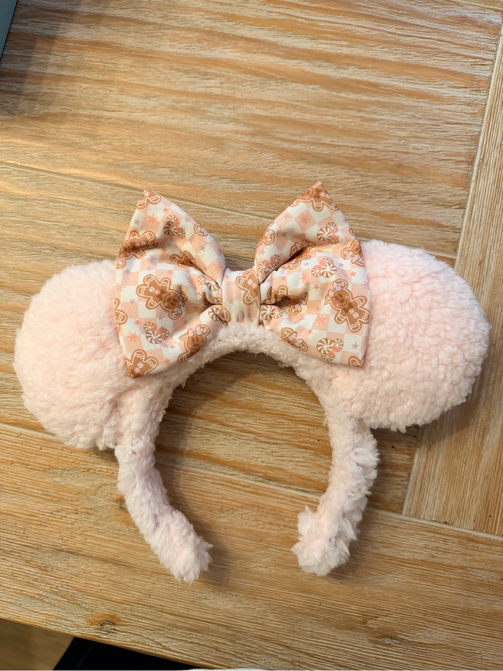 Plush Pink Minnie-Style Ear Headband with Gingerbread Mickey Bow